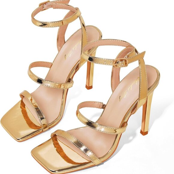 Women High Heeled Sandals Synthetic Square Toe Strappy Stiletto Pump - Picture 4 of 8